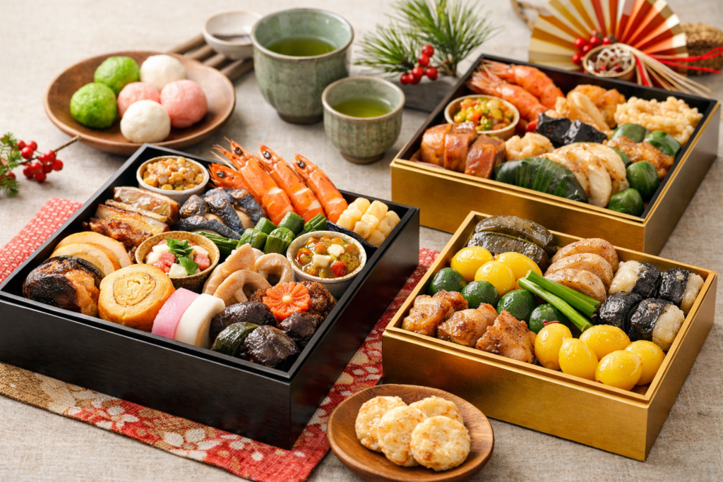 グルテンフリー・アレルギー対応を意識した和風おせち料理を重箱に美しく盛り付けた食卓イメージ。海老や煮物、魚料理など彩り豊かな内容で、家族みんなが安心して楽しめる2026年向けおせちのイメージ写真。