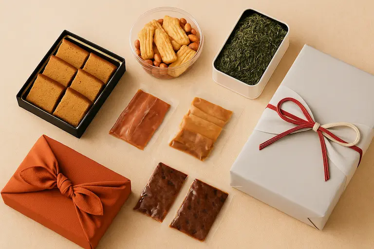 予算3,000円以内で選べる2025年のお歳暮ギフトをイメージした高見え食品セット。上品な包装のお菓子やお茶、食品が並ぶ落ち着いた雰囲気の写真。