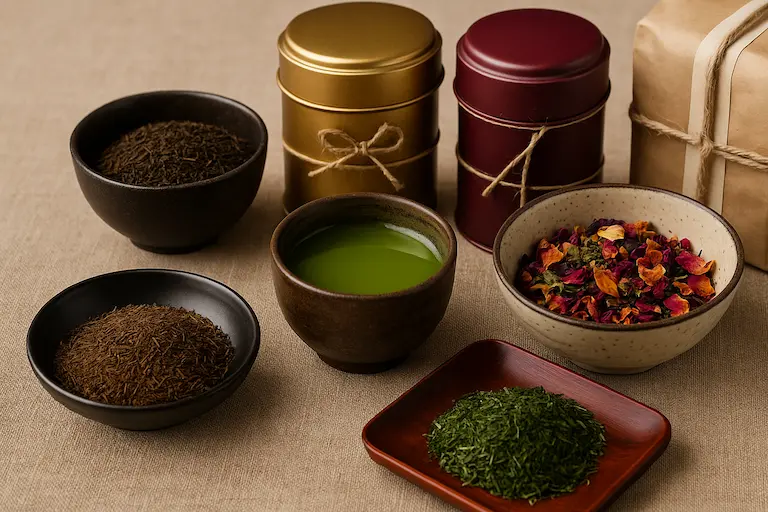 高級お歳暮向けのお茶ギフトとして、緑茶やほうじ茶、フレーバーティーの茶葉と湯飲み、上品な茶缶、ギフト包装された箱が丁寧に並ぶイメージ。2025年のお歳暮に贈る高級茶ギフトの雰囲気を表現した写真。